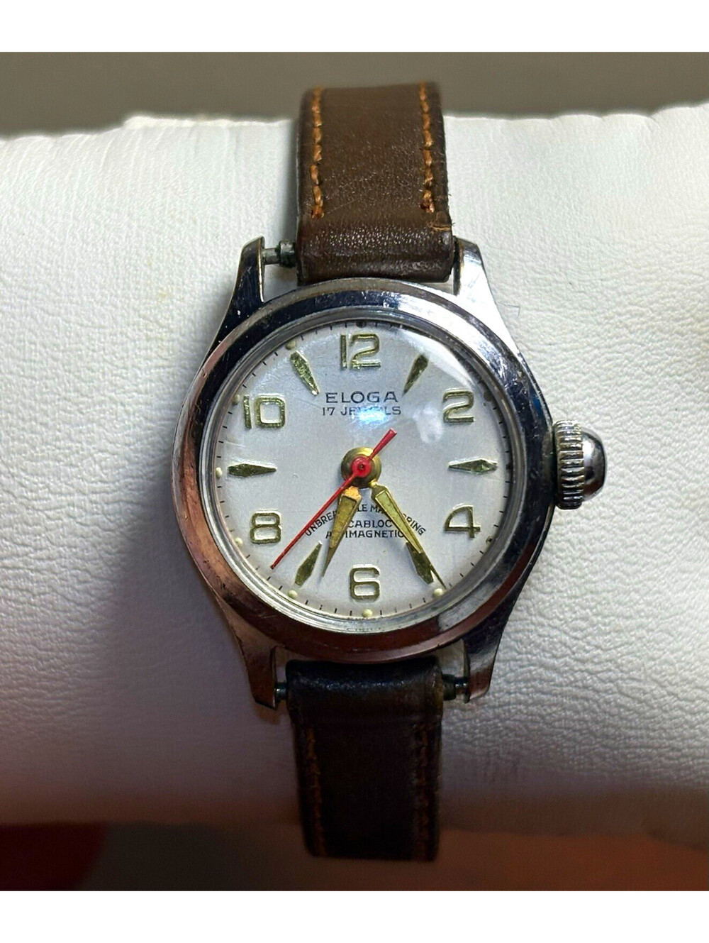 Vintage Eloga 17J Hand-Wind Watch Red Second Hand Cream Dial Explorer Font Swiss